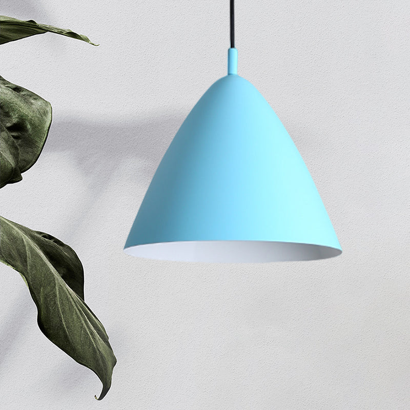 Tapered Ceiling Pendant Light Modernism Metal 10.5"/13"/16" Dia 1 Light Pink/Blue/Green Hanging Lamp Kit Blue 10.5" Clearhalo 'Ceiling Lights' 'Modern Pendants' 'Modern' 'Pendant Lights' 'Pendants' Lighting' 770255