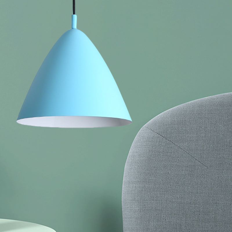 Tapered Ceiling Pendant Light Modernism Metal 10.5"/13"/16" Dia 1 Light Pink/Blue/Green Hanging Lamp Kit Clearhalo 'Ceiling Lights' 'Modern Pendants' 'Modern' 'Pendant Lights' 'Pendants' Lighting' 770256