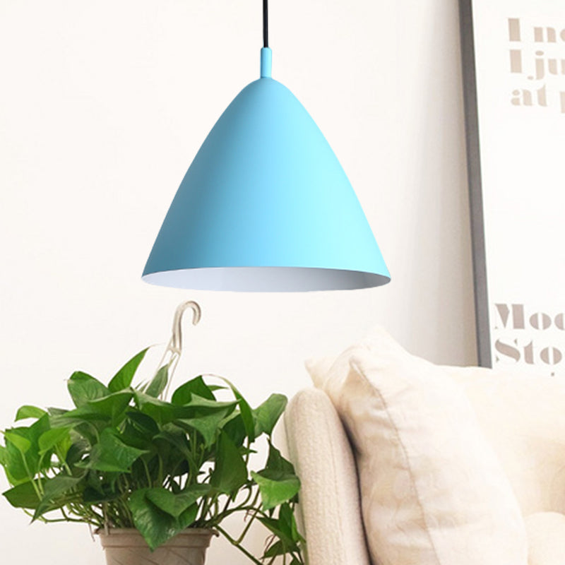 Tapered Ceiling Pendant Light Modernism Metal 10.5"/13"/16" Dia 1 Light Pink/Blue/Green Hanging Lamp Kit Clearhalo 'Ceiling Lights' 'Modern Pendants' 'Modern' 'Pendant Lights' 'Pendants' Lighting' 770257