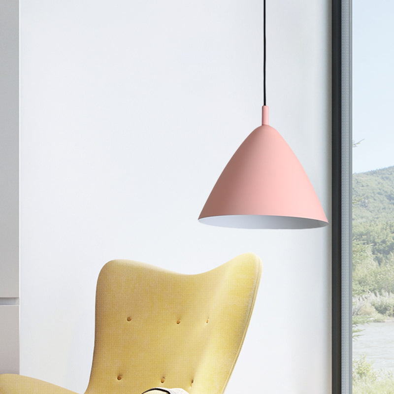 Tapered Ceiling Pendant Light Modernism Metal 10.5"/13"/16" Dia 1 Light Pink/Blue/Green Hanging Lamp Kit Pink 10.5" Clearhalo 'Ceiling Lights' 'Modern Pendants' 'Modern' 'Pendant Lights' 'Pendants' Lighting' 770259