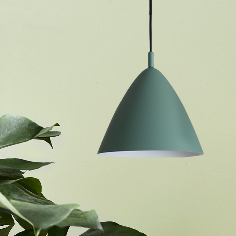 Tapered Ceiling Pendant Light Modernism Metal 10.5"/13"/16" Dia 1 Light Pink/Blue/Green Hanging Lamp Kit Green 10.5" Clearhalo 'Ceiling Lights' 'Modern Pendants' 'Modern' 'Pendant Lights' 'Pendants' Lighting' 770263