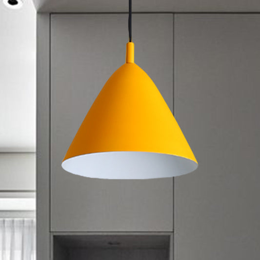 Tapered Ceiling Pendant Light Modernism Metal 10.5"/13"/16" Dia 1 Light Pink/Blue/Green Hanging Lamp Kit Yellow 10.5" Clearhalo 'Ceiling Lights' 'Modern Pendants' 'Modern' 'Pendant Lights' 'Pendants' Lighting' 770271