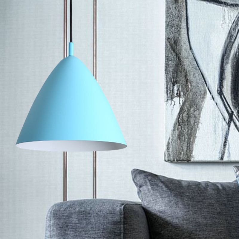 Tapered Ceiling Pendant Light Modernism Metal 10.5"/13"/16" Dia 1 Light Pink/Blue/Green Hanging Lamp Kit Blue 13" Clearhalo 'Ceiling Lights' 'Modern Pendants' 'Modern' 'Pendant Lights' 'Pendants' Lighting' 770284