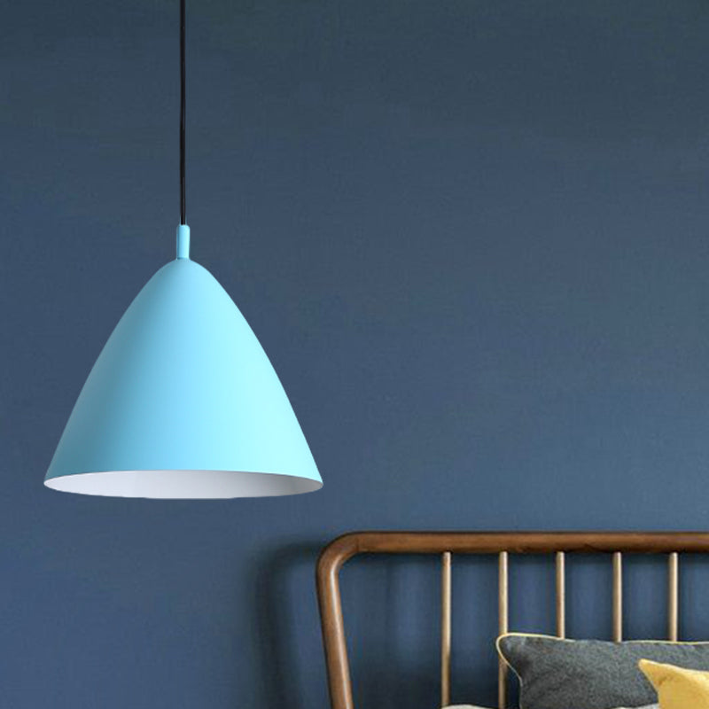 Tapered Ceiling Pendant Light Modernism Metal 10.5"/13"/16" Dia 1 Light Pink/Blue/Green Hanging Lamp Kit Clearhalo 'Ceiling Lights' 'Modern Pendants' 'Modern' 'Pendant Lights' 'Pendants' Lighting' 770285