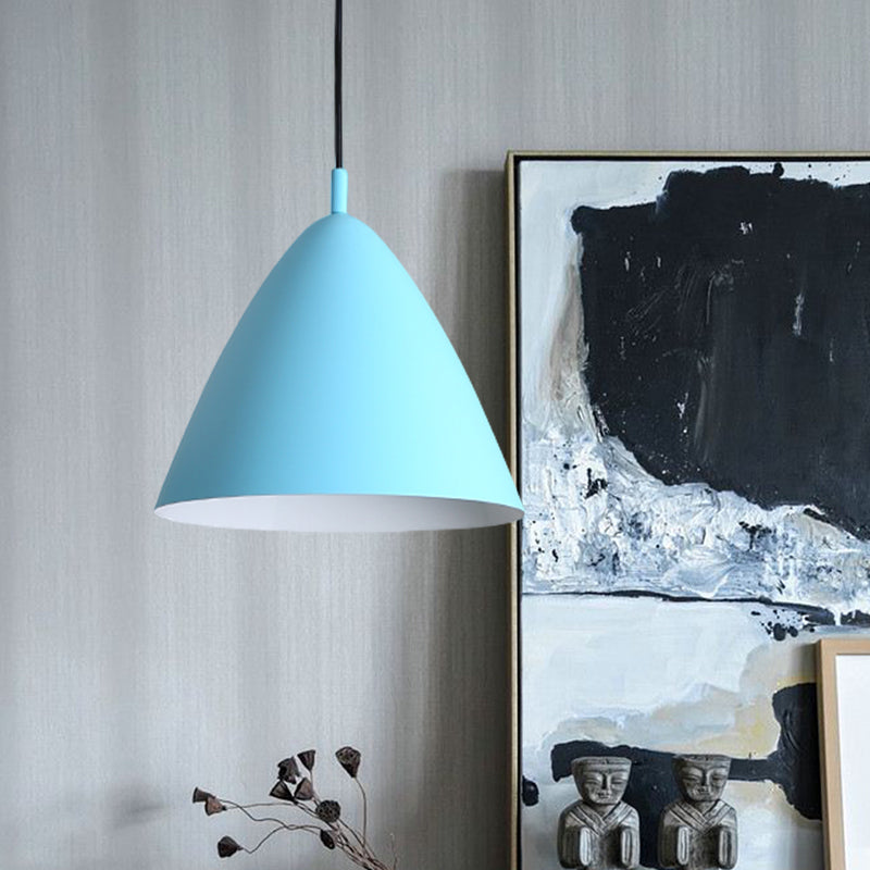 Tapered Ceiling Pendant Light Modernism Metal 10.5"/13"/16" Dia 1 Light Pink/Blue/Green Hanging Lamp Kit Clearhalo 'Ceiling Lights' 'Modern Pendants' 'Modern' 'Pendant Lights' 'Pendants' Lighting' 770286