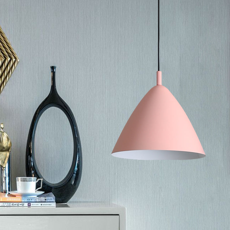 Tapered Ceiling Pendant Light Modernism Metal 10.5"/13"/16" Dia 1 Light Pink/Blue/Green Hanging Lamp Kit Pink 13" Clearhalo 'Ceiling Lights' 'Modern Pendants' 'Modern' 'Pendant Lights' 'Pendants' Lighting' 770288