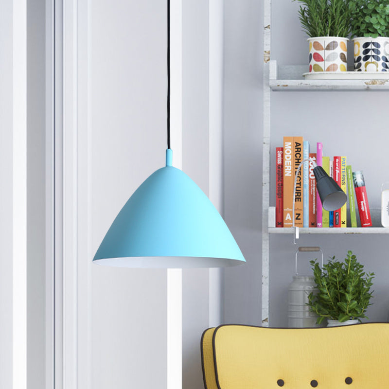 Tapered Ceiling Pendant Light Modernism Metal 10.5"/13"/16" Dia 1 Light Pink/Blue/Green Hanging Lamp Kit Clearhalo 'Ceiling Lights' 'Modern Pendants' 'Modern' 'Pendant Lights' 'Pendants' Lighting' 770314