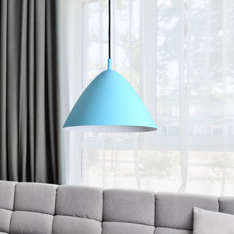 Tapered Ceiling Pendant Light Modernism Metal 10.5"/13"/16" Dia 1 Light Pink/Blue/Green Hanging Lamp Kit Clearhalo 'Ceiling Lights' 'Modern Pendants' 'Modern' 'Pendant Lights' 'Pendants' Lighting' 770315