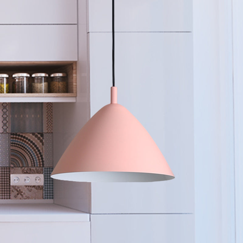 Tapered Ceiling Pendant Light Modernism Metal 10.5"/13"/16" Dia 1 Light Pink/Blue/Green Hanging Lamp Kit Pink 16" Clearhalo 'Ceiling Lights' 'Modern Pendants' 'Modern' 'Pendant Lights' 'Pendants' Lighting' 770317