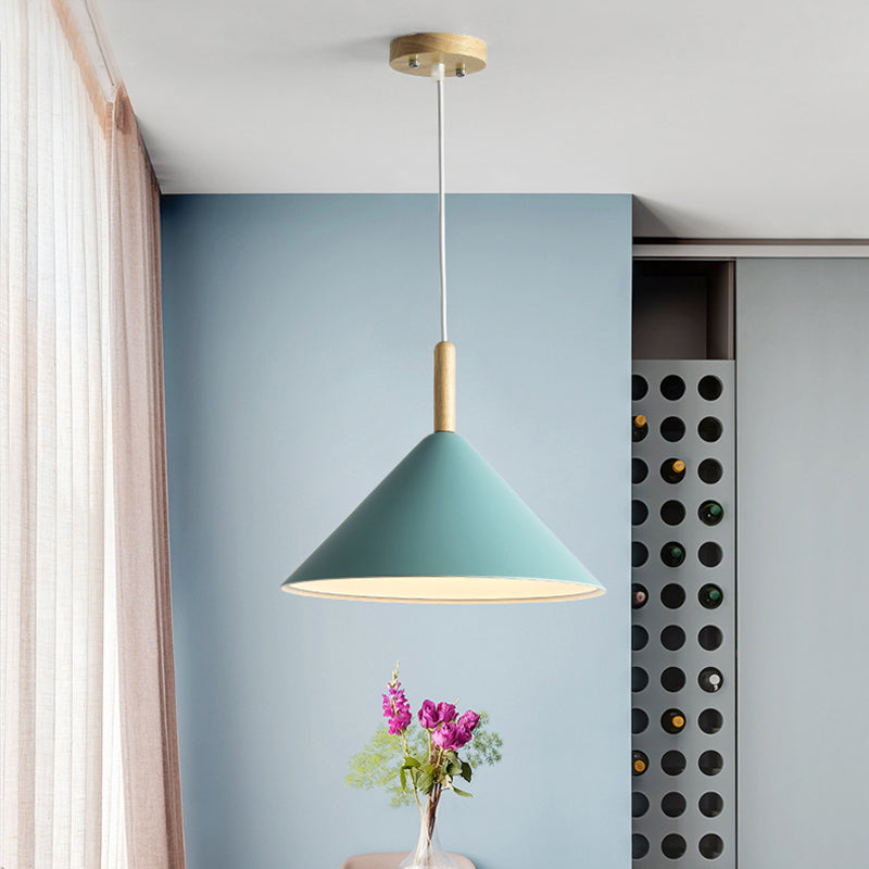 Cone Hanging Light Modern Metal 1 Light Yellow/Blue Pendant Light, 12.5"/16.5" Dia Blue Clearhalo 'Ceiling Lights' 'Modern Pendants' 'Modern' 'Pendant Lights' 'Pendants' Lighting' 770333