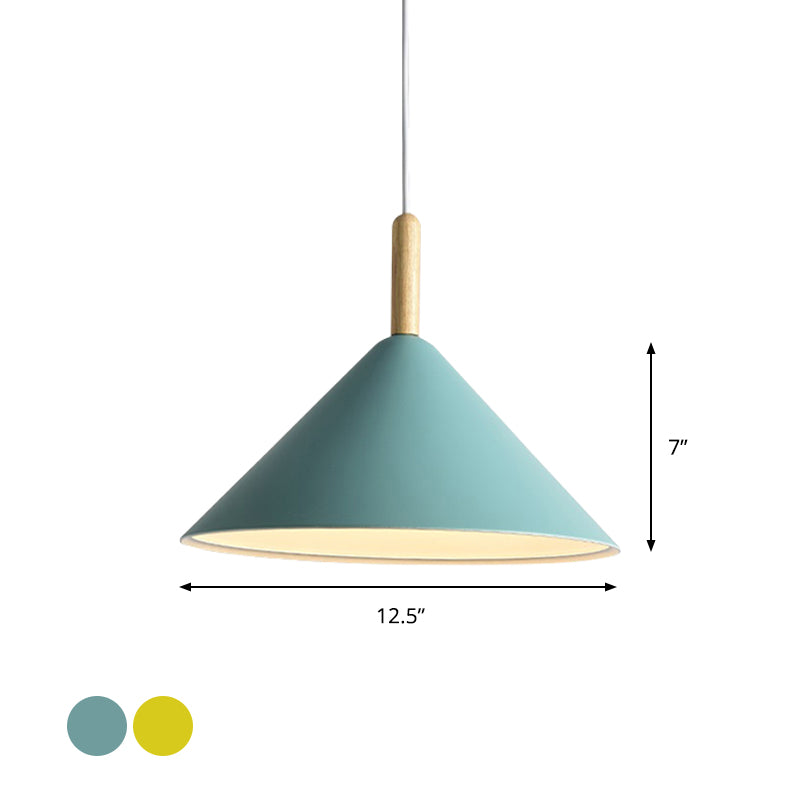 Cone Hanging Light Modern Metal 1 Light Yellow/Blue Pendant Light, 12.5"/16.5" Dia Clearhalo 'Ceiling Lights' 'Modern Pendants' 'Modern' 'Pendant Lights' 'Pendants' Lighting' 770337