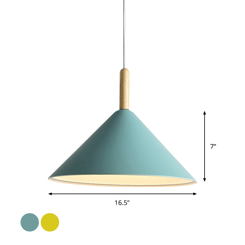 Cone Hanging Light Modern Metal 1 Light Yellow/Blue Pendant Light, 12.5"/16.5" Dia Clearhalo 'Ceiling Lights' 'Modern Pendants' 'Modern' 'Pendant Lights' 'Pendants' Lighting' 770338