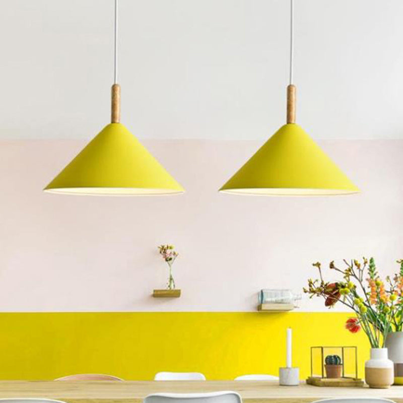 Cone Hanging Light Modern Metal 1 Light Yellow/Blue Pendant Light, 12.5"/16.5" Dia Yellow Clearhalo 'Ceiling Lights' 'Modern Pendants' 'Modern' 'Pendant Lights' 'Pendants' Lighting' 770339