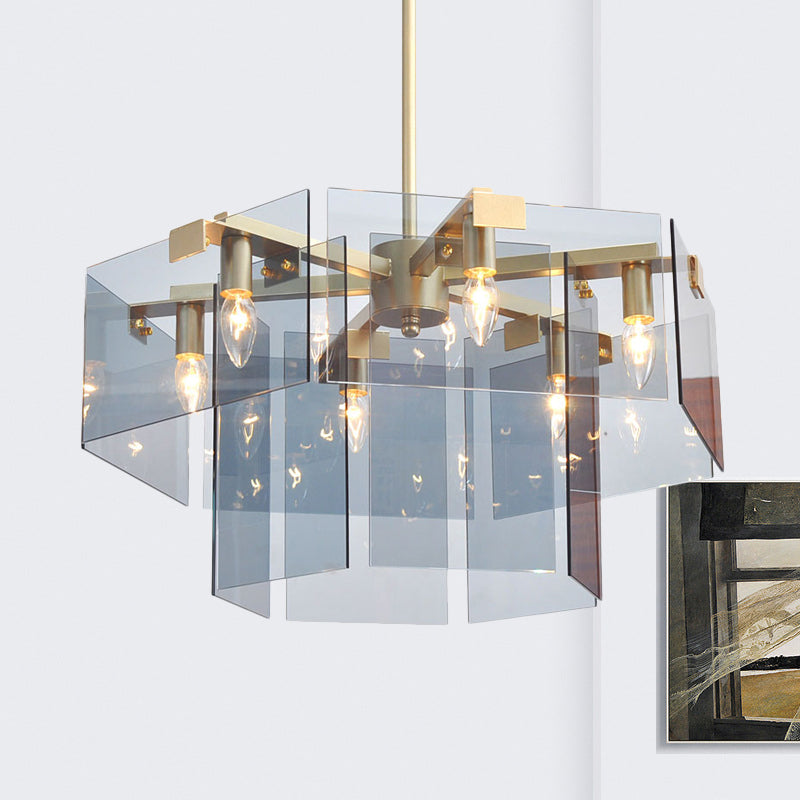 Modern 6/8 Lights Chandelier Pendant with Clear Acrylic Panel Shade Brown/Amber/Smoke Grey Geometric Ceiling Lamp 6 Blue Clearhalo 'Ceiling Lights' 'Chandeliers' 'Modern Chandeliers' 'Modern' Lighting' 770371