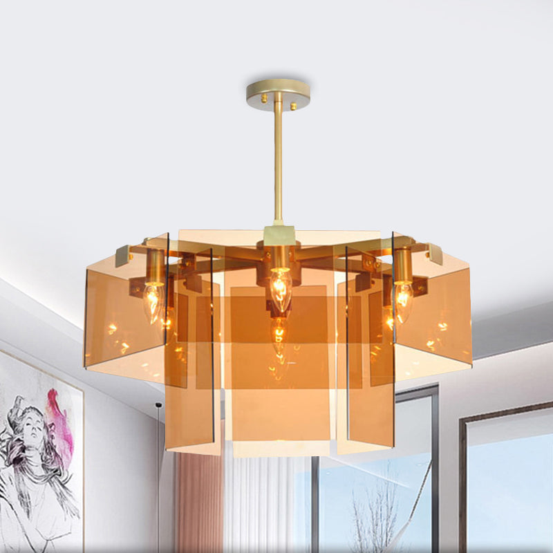 Modern 6/8 Lights Chandelier Pendant with Clear Acrylic Panel Shade Brown/Amber/Smoke Grey Geometric Ceiling Lamp 6 Amber Clearhalo 'Ceiling Lights' 'Chandeliers' 'Modern Chandeliers' 'Modern' Lighting' 770380