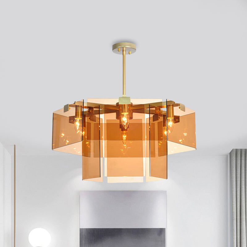 Modern 6/8 Lights Chandelier Pendant with Clear Acrylic Panel Shade Brown/Amber/Smoke Grey Geometric Ceiling Lamp Clearhalo 'Ceiling Lights' 'Chandeliers' 'Modern Chandeliers' 'Modern' Lighting' 770381