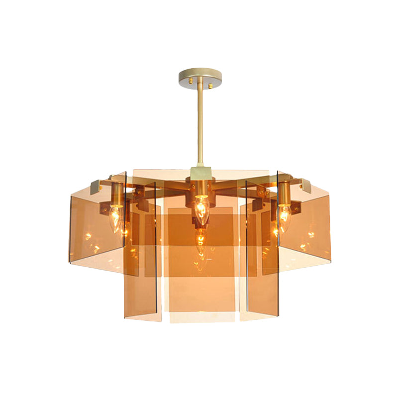 Modern 6/8 Lights Chandelier Pendant with Clear Acrylic Panel Shade Brown/Amber/Smoke Grey Geometric Ceiling Lamp Clearhalo 'Ceiling Lights' 'Chandeliers' 'Modern Chandeliers' 'Modern' Lighting' 770382