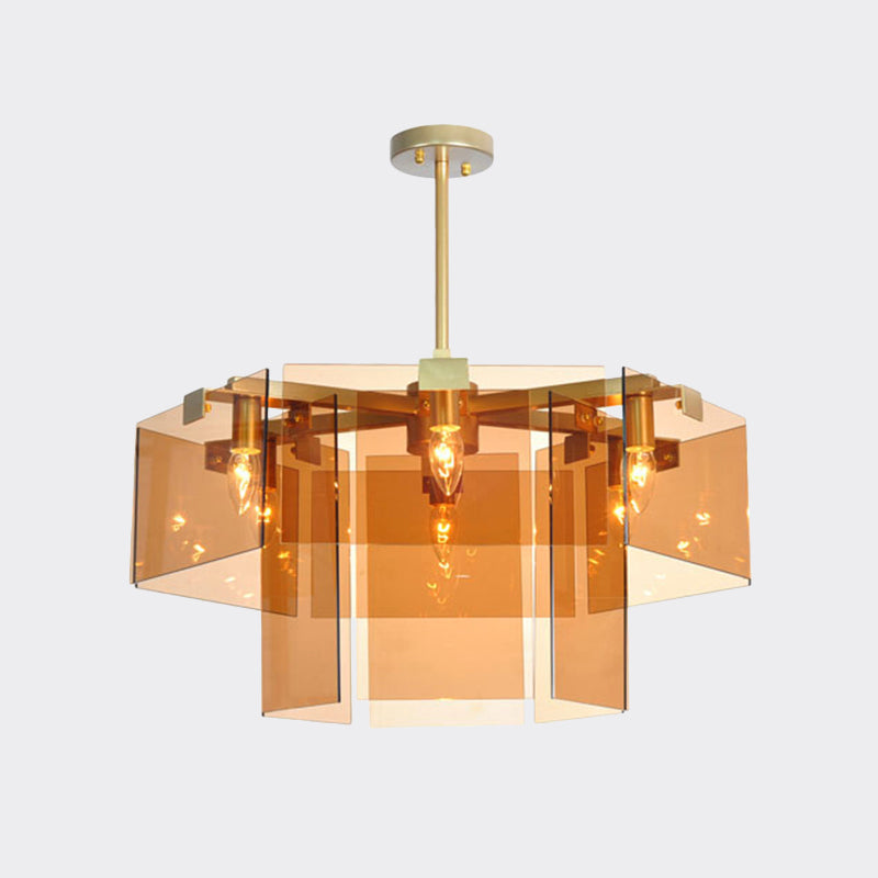 Modern 6/8 Lights Chandelier Pendant with Clear Acrylic Panel Shade Brown/Amber/Smoke Grey Geometric Ceiling Lamp Clearhalo 'Ceiling Lights' 'Chandeliers' 'Modern Chandeliers' 'Modern' Lighting' 770383