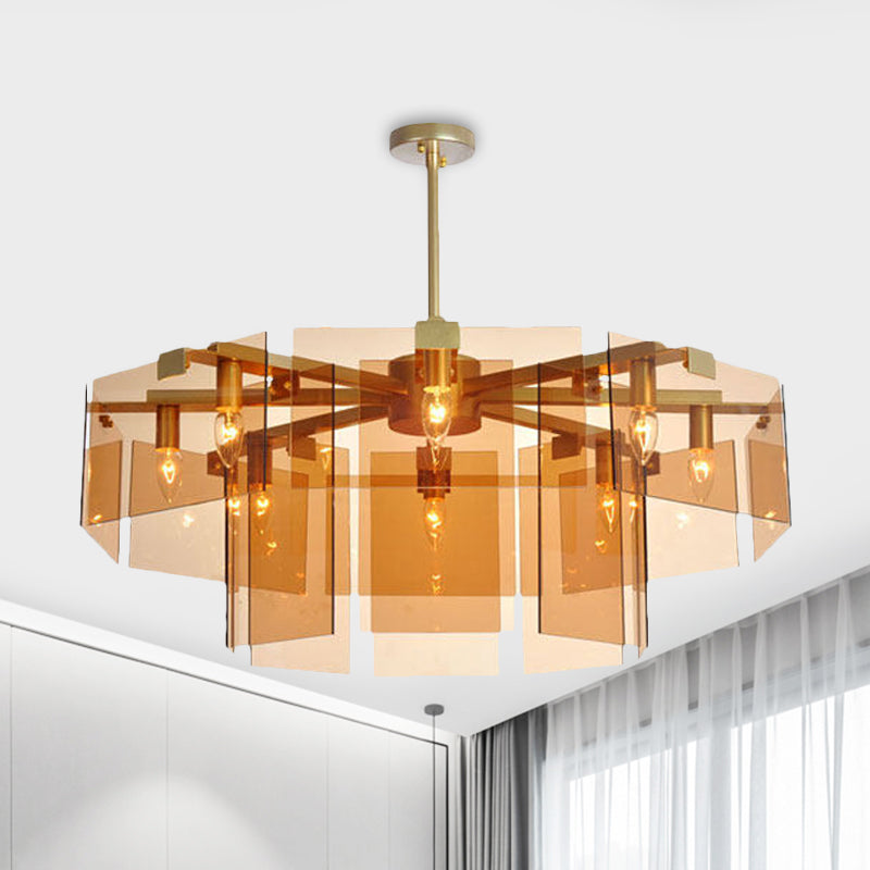 Modern 6/8 Lights Chandelier Pendant with Clear Acrylic Panel Shade Brown/Amber/Smoke Grey Geometric Ceiling Lamp 8 Amber Clearhalo 'Ceiling Lights' 'Chandeliers' 'Modern Chandeliers' 'Modern' Lighting' 770384