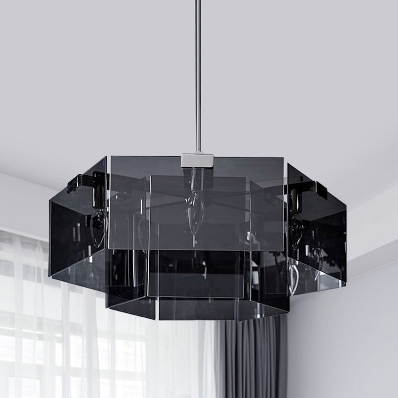 Modern 6/8 Lights Chandelier Pendant with Clear Acrylic Panel Shade Brown/Amber/Smoke Grey Geometric Ceiling Lamp 6 Smoke Gray Clearhalo 'Ceiling Lights' 'Chandeliers' 'Modern Chandeliers' 'Modern' Lighting' 770388