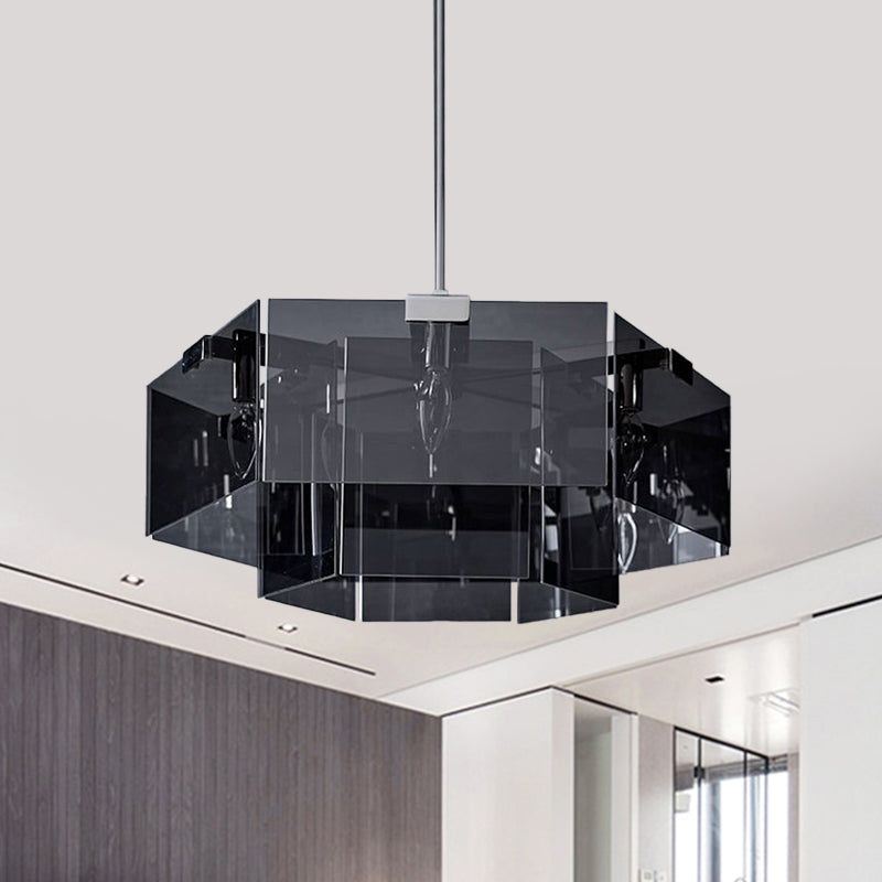 Modern 6/8 Lights Chandelier Pendant with Clear Acrylic Panel Shade Brown/Amber/Smoke Grey Geometric Ceiling Lamp Clearhalo 'Ceiling Lights' 'Chandeliers' 'Modern Chandeliers' 'Modern' Lighting' 770389