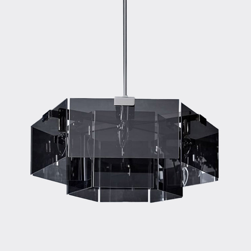 Modern 6/8 Lights Chandelier Pendant with Clear Acrylic Panel Shade Brown/Amber/Smoke Grey Geometric Ceiling Lamp Clearhalo 'Ceiling Lights' 'Chandeliers' 'Modern Chandeliers' 'Modern' Lighting' 770391