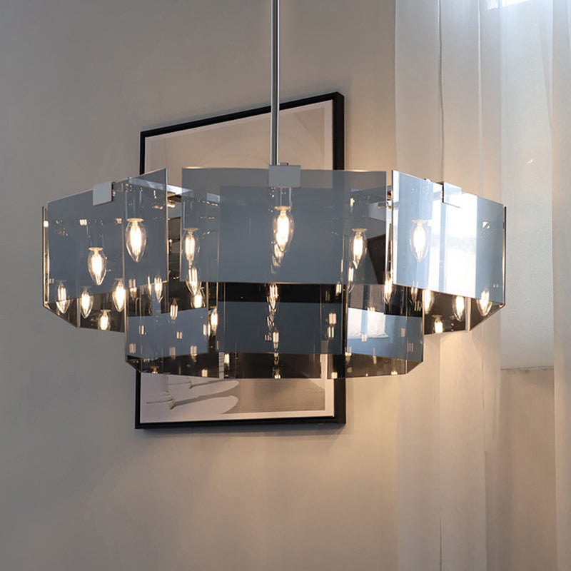 Modern 6/8 Lights Chandelier Pendant with Clear Acrylic Panel Shade Brown/Amber/Smoke Grey Geometric Ceiling Lamp 8 Smoke Gray Clearhalo 'Ceiling Lights' 'Chandeliers' 'Modern Chandeliers' 'Modern' Lighting' 770392