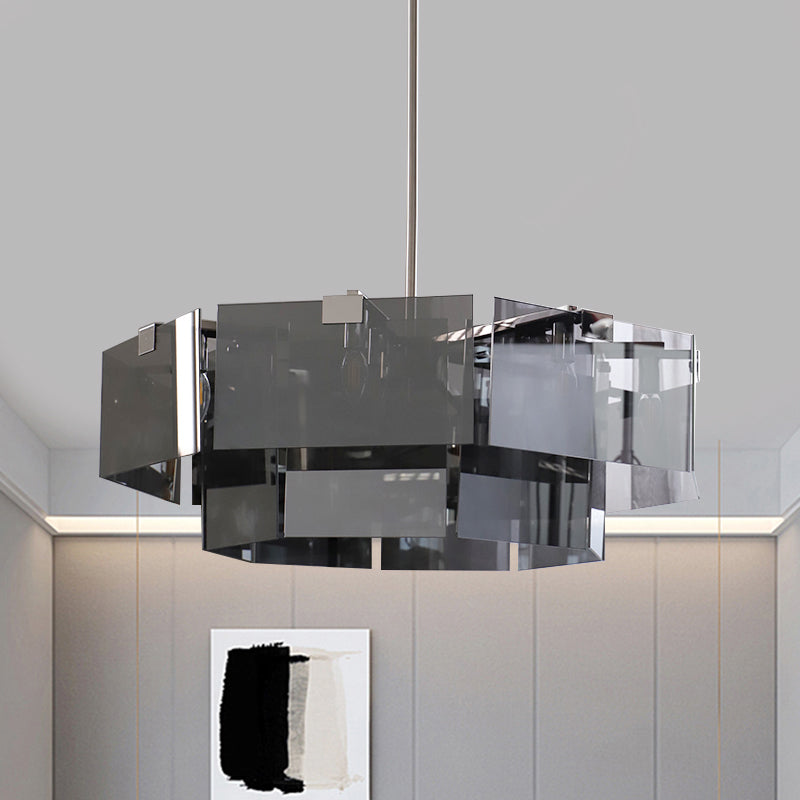 Modern 6/8 Lights Chandelier Pendant with Clear Acrylic Panel Shade Brown/Amber/Smoke Grey Geometric Ceiling Lamp Clearhalo 'Ceiling Lights' 'Chandeliers' 'Modern Chandeliers' 'Modern' Lighting' 770393