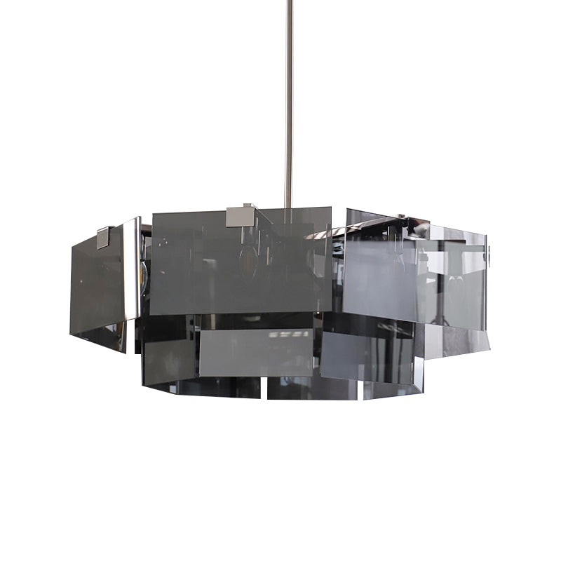 Modern 6/8 Lights Chandelier Pendant with Clear Acrylic Panel Shade Brown/Amber/Smoke Grey Geometric Ceiling Lamp Clearhalo 'Ceiling Lights' 'Chandeliers' 'Modern Chandeliers' 'Modern' Lighting' 770394