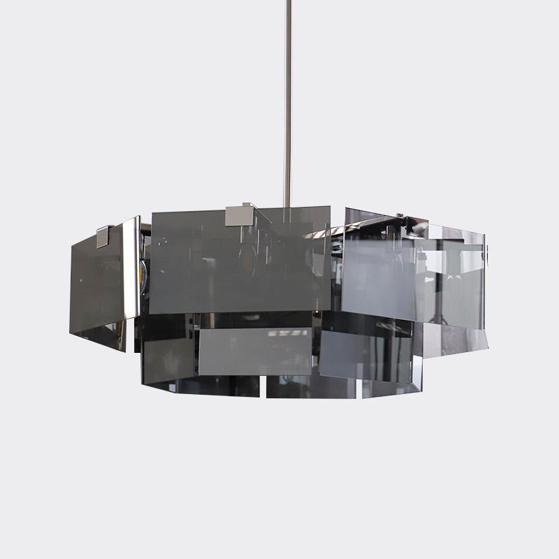 Modern 6/8 Lights Chandelier Pendant with Clear Acrylic Panel Shade Brown/Amber/Smoke Grey Geometric Ceiling Lamp Clearhalo 'Ceiling Lights' 'Chandeliers' 'Modern Chandeliers' 'Modern' Lighting' 770395