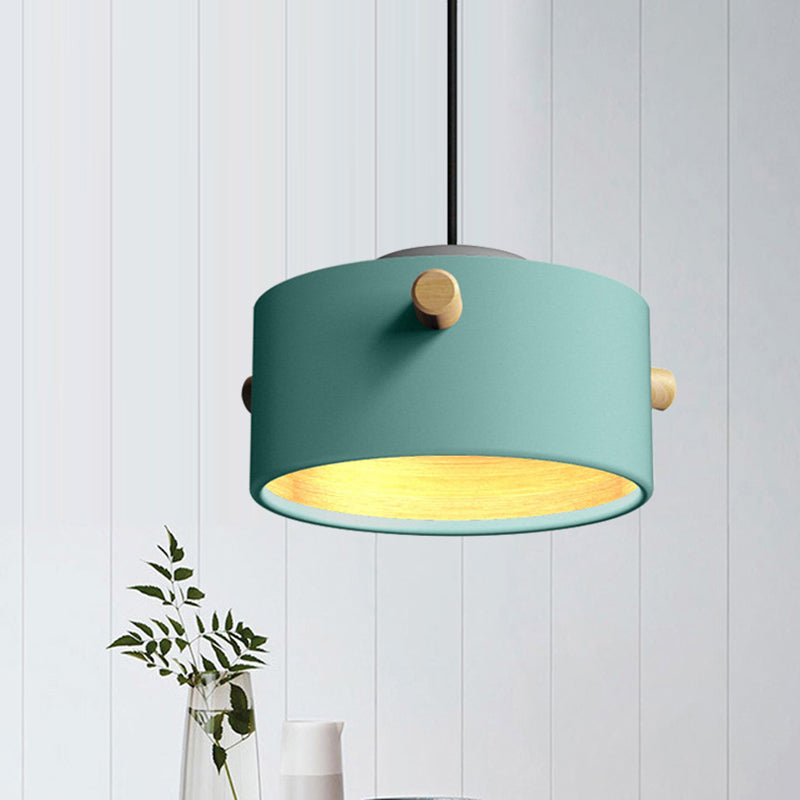 Contemporary 1 Light Hanging Lighting with Metal Shade Green/Pink/White Cylinder Pendant Light Fixture Blue A Clearhalo 'Ceiling Lights' 'Modern Pendants' 'Modern' 'Pendant Lights' 'Pendants' Lighting' 770447