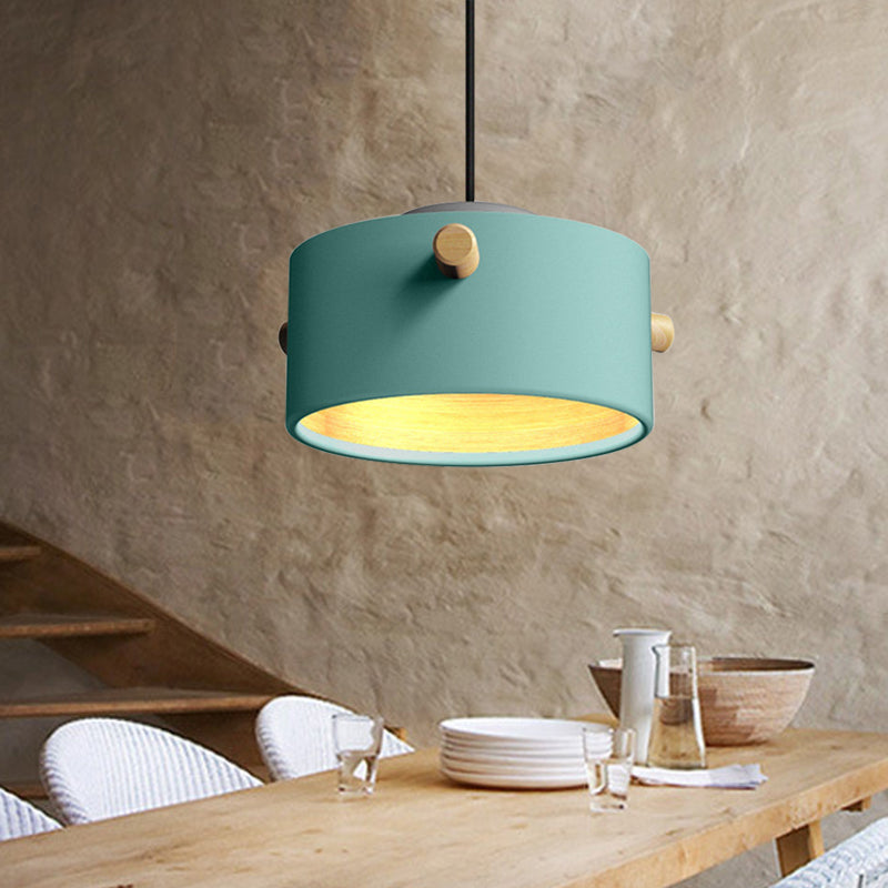 Contemporary 1 Light Hanging Lighting with Metal Shade Green/Pink/White Cylinder Pendant Light Fixture Clearhalo 'Ceiling Lights' 'Modern Pendants' 'Modern' 'Pendant Lights' 'Pendants' Lighting' 770448