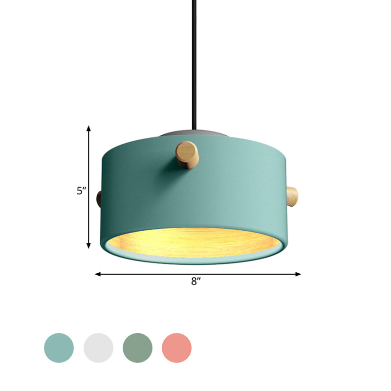 Contemporary 1 Light Hanging Lighting with Metal Shade Green/Pink/White Cylinder Pendant Light Fixture Clearhalo 'Ceiling Lights' 'Modern Pendants' 'Modern' 'Pendant Lights' 'Pendants' Lighting' 770451