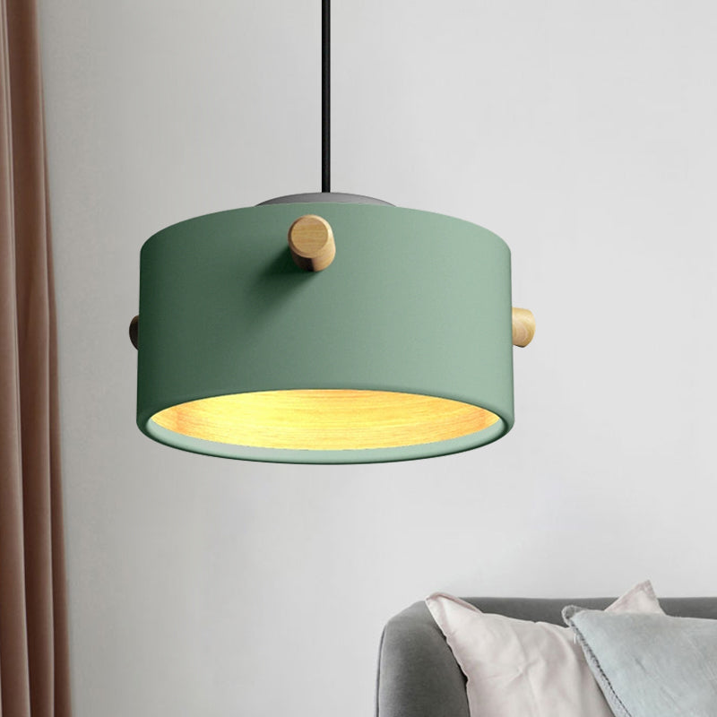 Contemporary 1 Light Hanging Lighting with Metal Shade Green/Pink/White Cylinder Pendant Light Fixture Green A Clearhalo 'Ceiling Lights' 'Modern Pendants' 'Modern' 'Pendant Lights' 'Pendants' Lighting' 770456