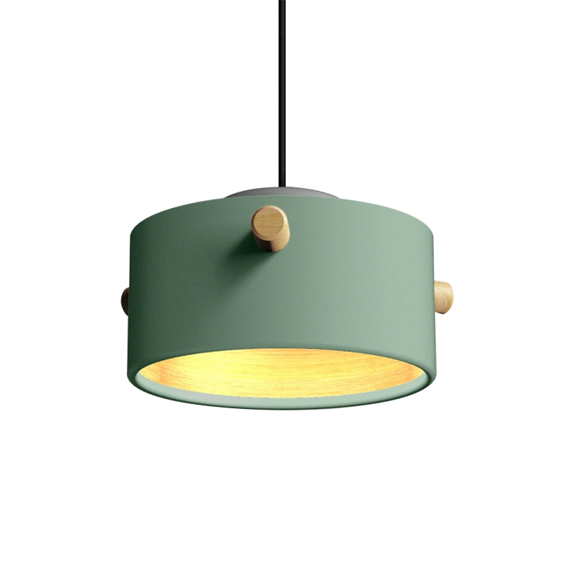 Contemporary 1 Light Hanging Lighting with Metal Shade Green/Pink/White Cylinder Pendant Light Fixture Clearhalo 'Ceiling Lights' 'Modern Pendants' 'Modern' 'Pendant Lights' 'Pendants' Lighting' 770458