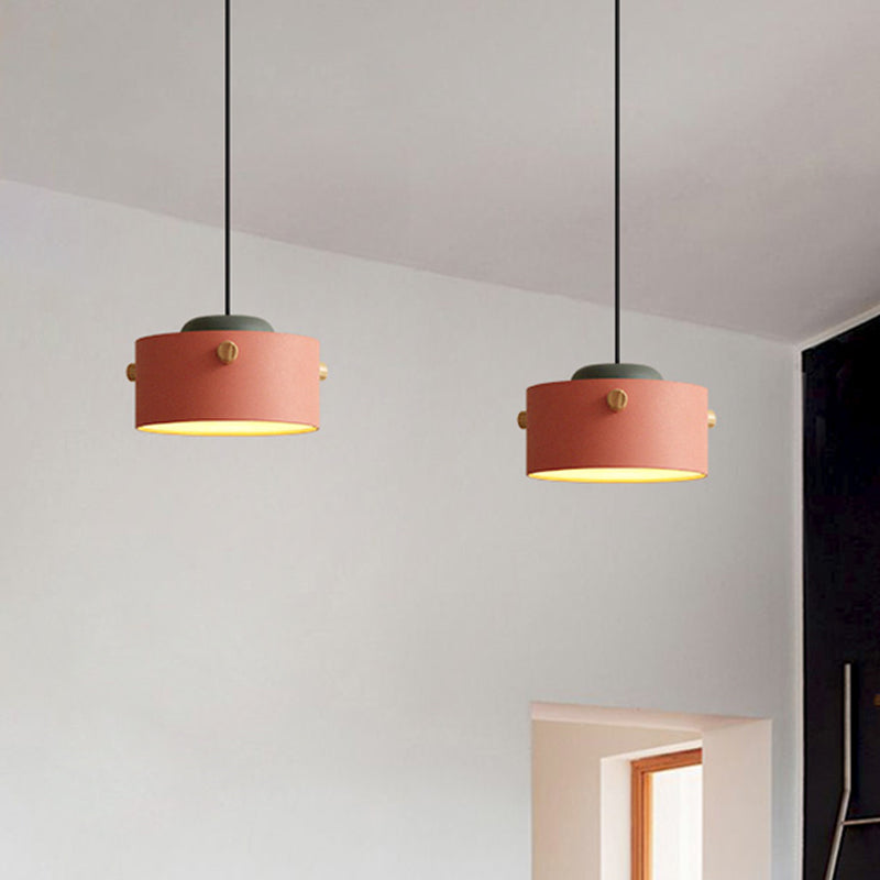 Contemporary 1 Light Hanging Lighting with Metal Shade Green/Pink/White Cylinder Pendant Light Fixture Clearhalo 'Ceiling Lights' 'Modern Pendants' 'Modern' 'Pendant Lights' 'Pendants' Lighting' 770461