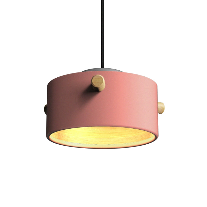 Contemporary 1 Light Hanging Lighting with Metal Shade Green/Pink/White Cylinder Pendant Light Fixture Pink A Clearhalo 'Ceiling Lights' 'Modern Pendants' 'Modern' 'Pendant Lights' 'Pendants' Lighting' 770462