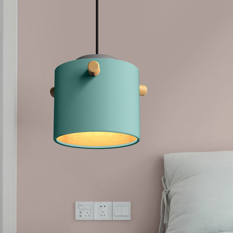 Contemporary 1 Light Hanging Lighting with Metal Shade Green/Pink/White Cylinder Pendant Light Fixture Blue B Clearhalo 'Ceiling Lights' 'Modern Pendants' 'Modern' 'Pendant Lights' 'Pendants' Lighting' 770464