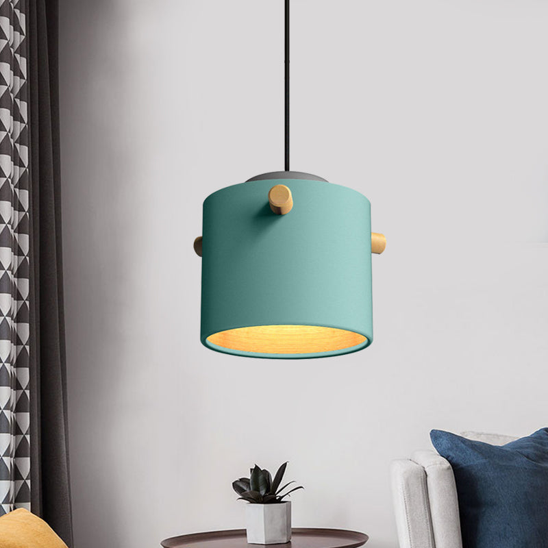 Contemporary 1 Light Hanging Lighting with Metal Shade Green/Pink/White Cylinder Pendant Light Fixture Clearhalo 'Ceiling Lights' 'Modern Pendants' 'Modern' 'Pendant Lights' 'Pendants' Lighting' 770465