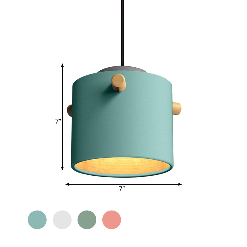 Contemporary 1 Light Hanging Lighting with Metal Shade Green/Pink/White Cylinder Pendant Light Fixture Clearhalo 'Ceiling Lights' 'Modern Pendants' 'Modern' 'Pendant Lights' 'Pendants' Lighting' 770468