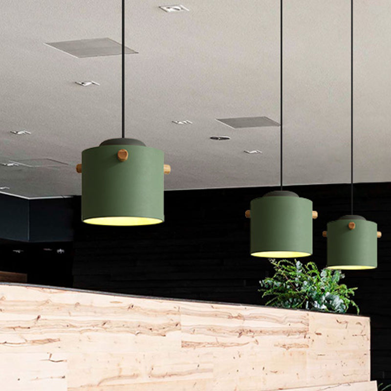 Contemporary 1 Light Hanging Lighting with Metal Shade Green/Pink/White Cylinder Pendant Light Fixture Clearhalo 'Ceiling Lights' 'Modern Pendants' 'Modern' 'Pendant Lights' 'Pendants' Lighting' 770474