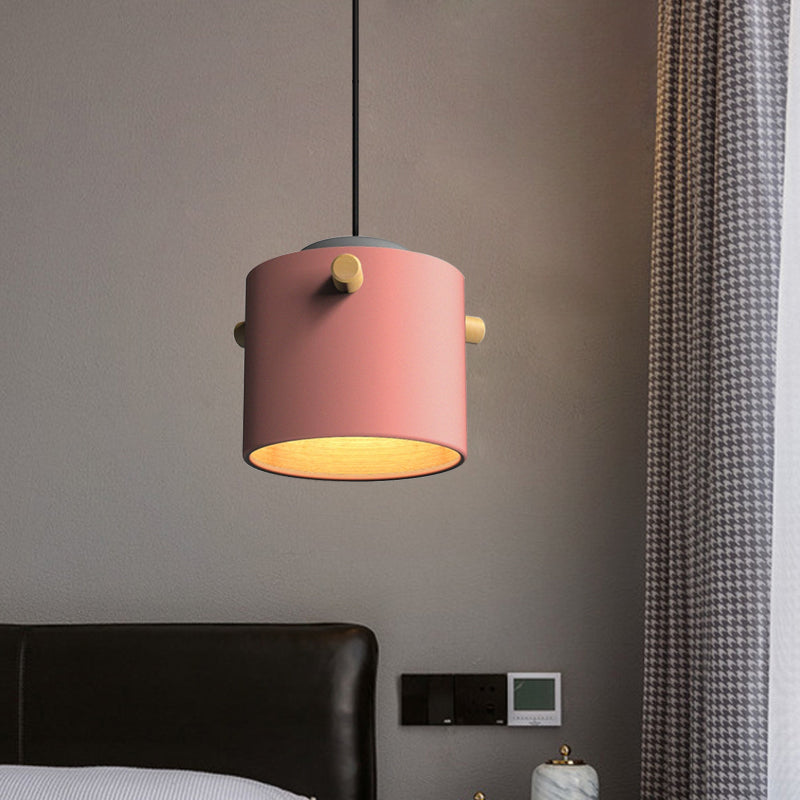 Contemporary 1 Light Hanging Lighting with Metal Shade Green/Pink/White Cylinder Pendant Light Fixture Clearhalo 'Ceiling Lights' 'Modern Pendants' 'Modern' 'Pendant Lights' 'Pendants' Lighting' 770478