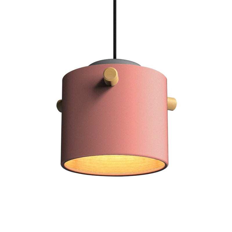 Contemporary 1 Light Hanging Lighting with Metal Shade Green/Pink/White Cylinder Pendant Light Fixture Clearhalo 'Ceiling Lights' 'Modern Pendants' 'Modern' 'Pendant Lights' 'Pendants' Lighting' 770479