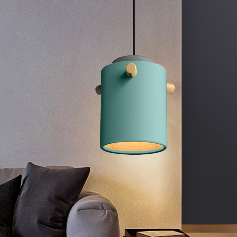 Contemporary 1 Light Hanging Lighting with Metal Shade Green/Pink/White Cylinder Pendant Light Fixture Blue C Clearhalo 'Ceiling Lights' 'Modern Pendants' 'Modern' 'Pendant Lights' 'Pendants' Lighting' 770481