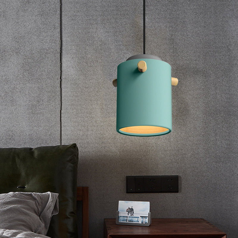 Contemporary 1 Light Hanging Lighting with Metal Shade Green/Pink/White Cylinder Pendant Light Fixture Clearhalo 'Ceiling Lights' 'Modern Pendants' 'Modern' 'Pendant Lights' 'Pendants' Lighting' 770482