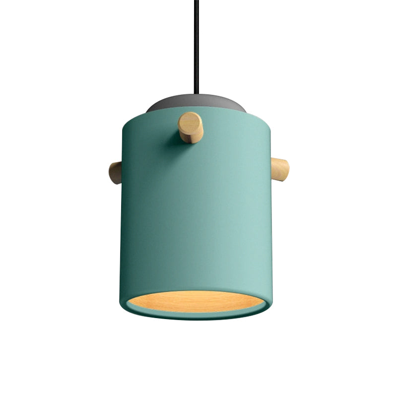 Contemporary 1 Light Hanging Lighting with Metal Shade Green/Pink/White Cylinder Pendant Light Fixture Clearhalo 'Ceiling Lights' 'Modern Pendants' 'Modern' 'Pendant Lights' 'Pendants' Lighting' 770483