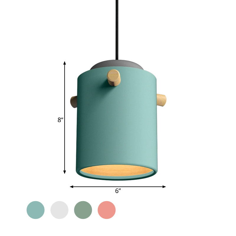 Contemporary 1 Light Hanging Lighting with Metal Shade Green/Pink/White Cylinder Pendant Light Fixture Clearhalo 'Ceiling Lights' 'Modern Pendants' 'Modern' 'Pendant Lights' 'Pendants' Lighting' 770485