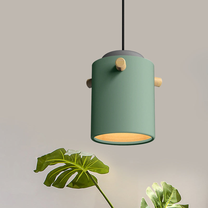 Contemporary 1 Light Hanging Lighting with Metal Shade Green/Pink/White Cylinder Pendant Light Fixture Green C Clearhalo 'Ceiling Lights' 'Modern Pendants' 'Modern' 'Pendant Lights' 'Pendants' Lighting' 770490