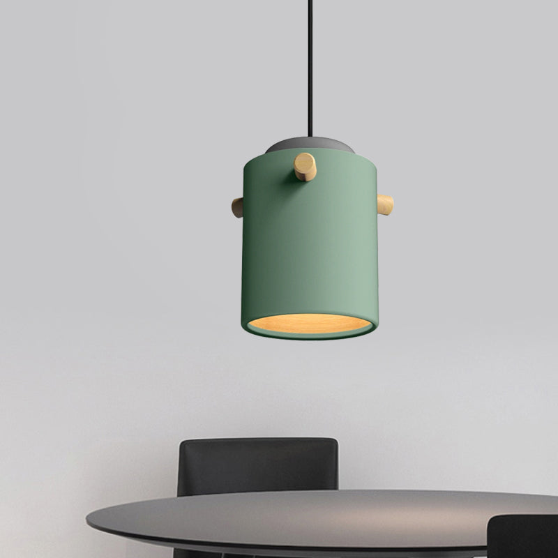 Contemporary 1 Light Hanging Lighting with Metal Shade Green/Pink/White Cylinder Pendant Light Fixture Clearhalo 'Ceiling Lights' 'Modern Pendants' 'Modern' 'Pendant Lights' 'Pendants' Lighting' 770491