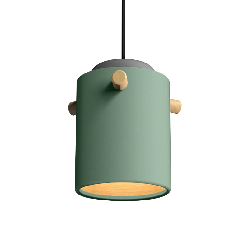 Contemporary 1 Light Hanging Lighting with Metal Shade Green/Pink/White Cylinder Pendant Light Fixture Clearhalo 'Ceiling Lights' 'Modern Pendants' 'Modern' 'Pendant Lights' 'Pendants' Lighting' 770492